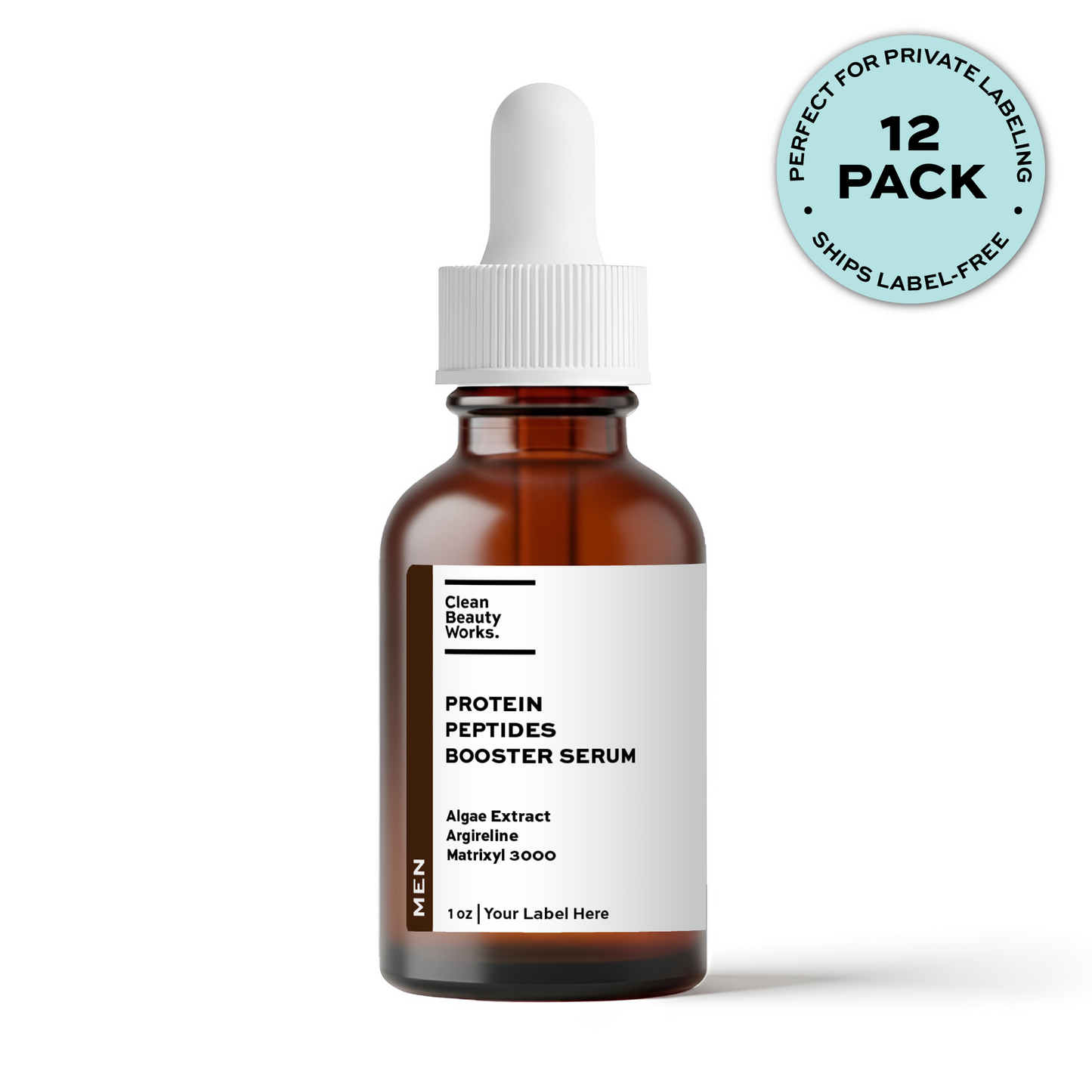 Protein Peptides Booster Serum for Men, Argireline, Matrixyl 3000 & Algae - 1 oz (12-pk amber)